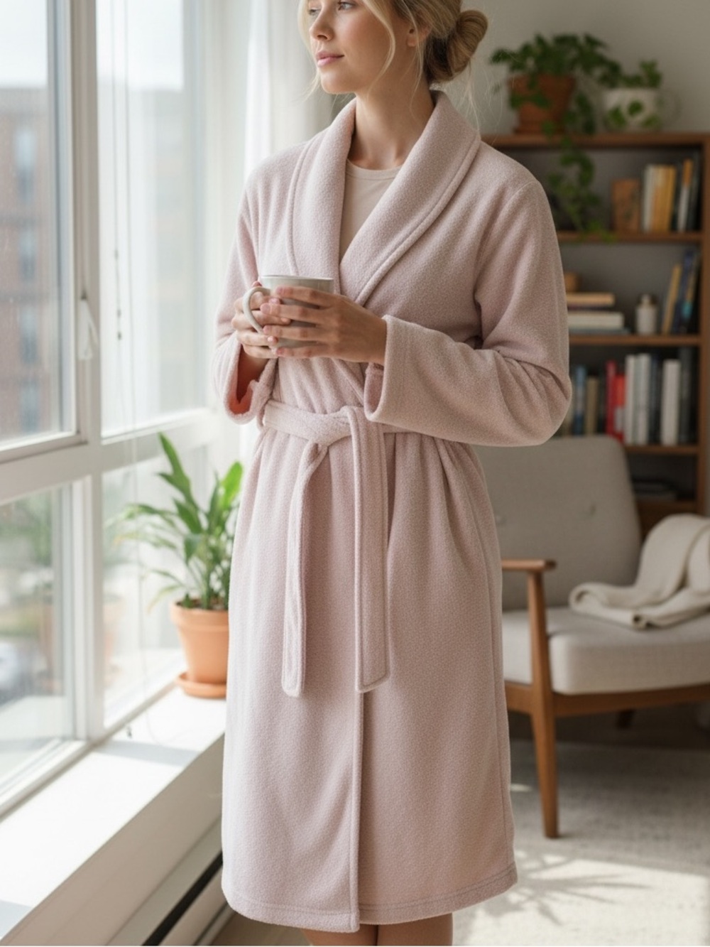 New York & Company Cozy Shawl Collar Robe - Light Blush